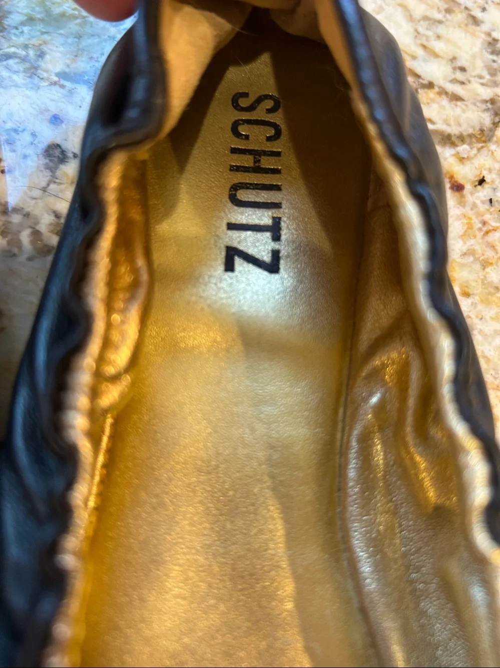 SCHUTZ Black Leather Bow Ballet Flats with Gold Insole 8.5B